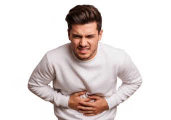 Man experiencing stomach pain, abdominal cramps, digestive issues, holding belly in discomfort, isolated on transparent background