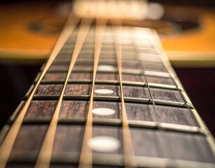 Close-up acoustic guitar fretboard
