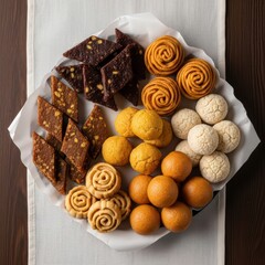 An overhead shot of a platter with various indian sweets arranged on a white paper and cloth surface