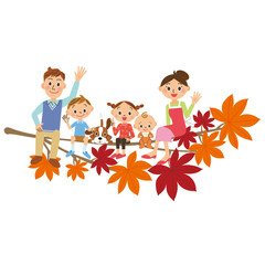 紅葉の木に座る仲良し家族