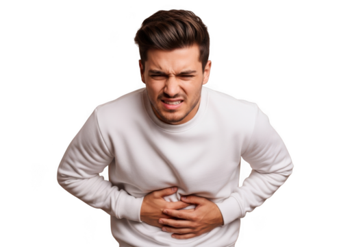 Man experiencing stomach pain, abdominal cramps, digestive issues, holding belly in discomfort, isolated on transparent background