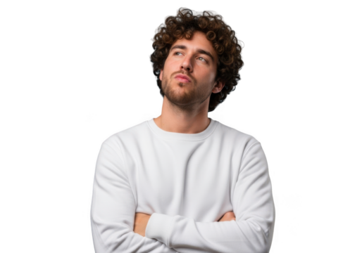 Pensive man with curly hair looking upward, arms crossed, wearing white sweater stock photo for graphic design and projects isolated on transparent background - Powered by Adobe
