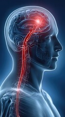 Obraz premium 3D medical illustration of human brain showing blocked vessel with glowing red stroke region against clean blue white background.