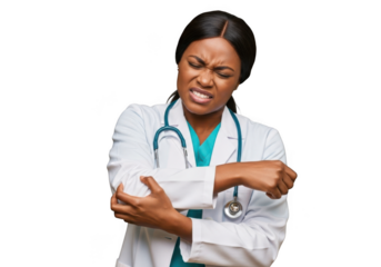 African american female doctor experiencing elbow pain, injury, discomfort, ache, medical condition, healthcare professional isolated on transparent background