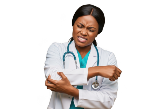 African american female doctor experiencing elbow pain, injury, discomfort, ache, medical condition, healthcare professional isolated on transparent background - Powered by Adobe