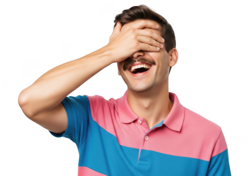 Laughing man covering eyes with hand, funny reaction, joyful expression, mustache man, pink and blue shirt, isolated on transparent background