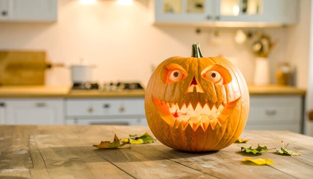 Carved pumpkin with spooky face sits on kitchen table