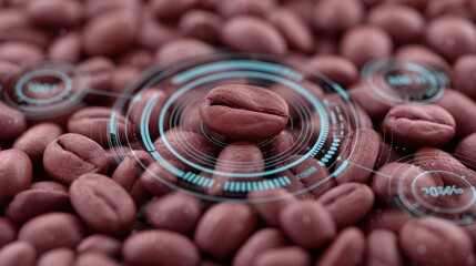 Close-up View of Roasted Coffee Beans with Digital Overlay Highlighting Quality and Data Metrics for Coffee Enthusiasts and Professionals