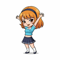 Retro anime-style gilpy chibi girl in playful pose, stretching arms above head, showing playful curves, sly smile, flat 2D vector..