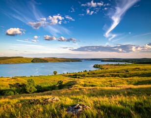 Panoramic landscape view of a serene lake at sunset