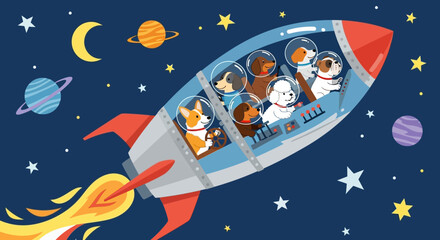 Adorable dogs in a rocket ship exploring space.
