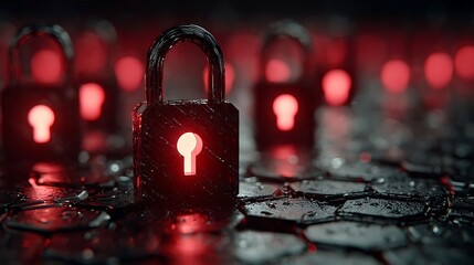 Cyber Security: Red Glowing Padlocks on Dark Background
