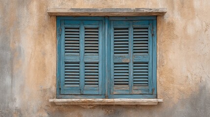 Charming rustic blue window shutters on a weathered wall, showcasing the beauty of vintage architecture and the charm of old buildings in a serene environment
