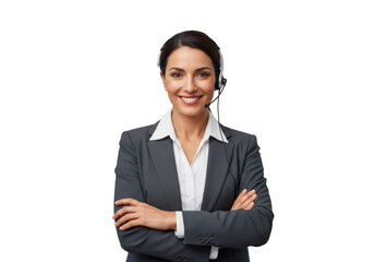 Professional smiling woman customer service representative with headset png image for website design and marketing materials isolated on transparent background