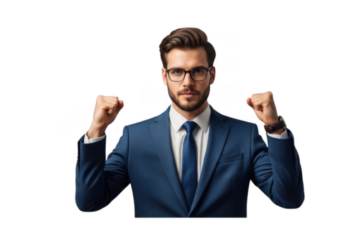 Successful businessman celebrating achievement with fists pumped in air, wearing suit and tie, isolated on transparent background