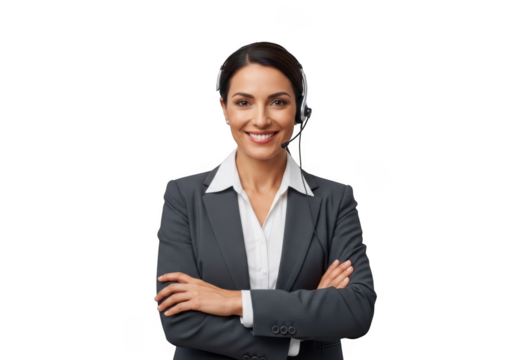 Professional smiling woman customer service representative with headset png image for website design and marketing materials isolated on transparent background