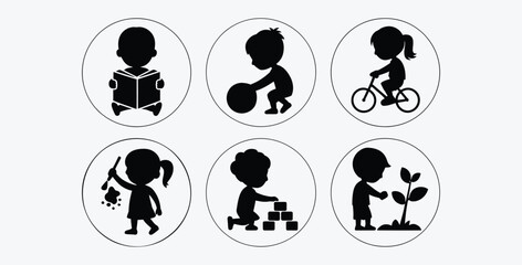 Fototapeta premium Kids different activities vector icon set education and development concept