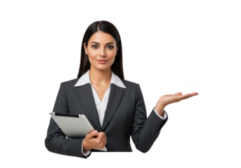 Professional businesswoman presenting with tablet, corporate presentation, female executive, manager, leader, isolated on transparent background