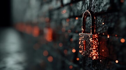 Glowing Padlock on Dark Brick Wall: Security Concept