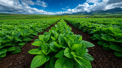 View of Vast Soybean Farm under Blue Sky.
