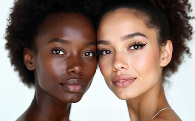 Afro woman skin and white skin girl model, ethnic beauty healthy face women two isolated on white. High quality
