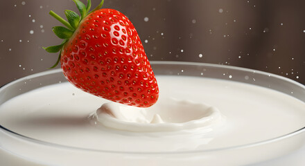 strawberry falling into milk