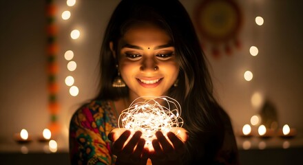 Beautiful Indian Woman Celebrating Diwali with Lights and Festive Glow