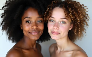 Afro woman skin and white skin girl model, ethnic beauty healthy face women two isolated on white. High quality