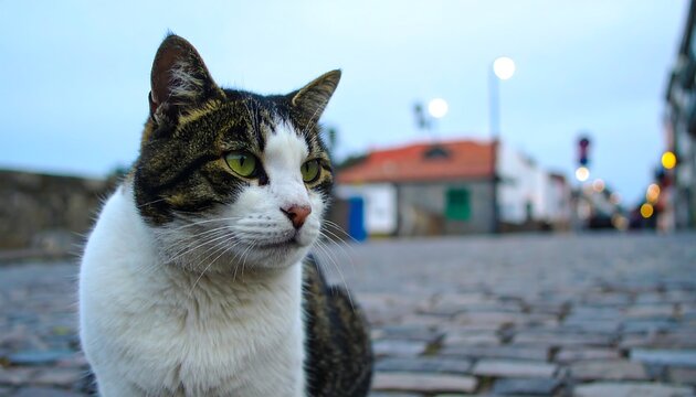 Cat on cobblestone street