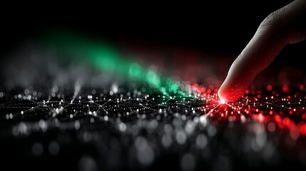 Fingertip Touching Glowing Red and Green Data Stream