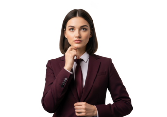 Professional businesswoman in burgundy suit, thinking and posing for portrait photography, isolated on transparent background