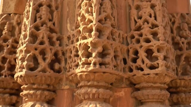 Intricate stone carvings detailing ancient indian architecture at qutub minar complex showcasing historical craftsmanship
