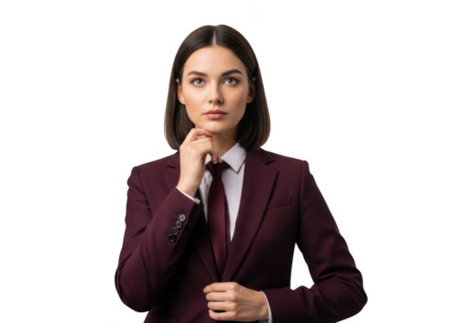 Professional businesswoman in burgundy suit, thinking and posing for portrait photography, isolated on transparent background