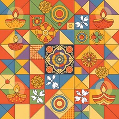 Colorful Geometric Diwali Pattern with Traditional Lamp and Floral Motifs