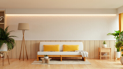 A cozy and inviting living room with a comfortable sofa and warm lighting, creating a perfect atmosphere for relaxation- 3D rendering