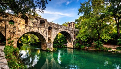 Fototapeta premium Ancient Stone Bridge Over River.