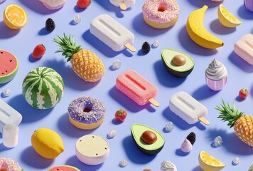 Colorful, 3D food items, patterned on a light purple background