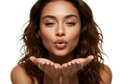Beautiful woman blowing a kiss with her hands in front of her face isolated on white background