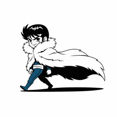 Flat 2D vector illustration, gilpy-style character anime 1980s inspired, tiny body walking forward with oversized fluffy coat trailing dramatically.