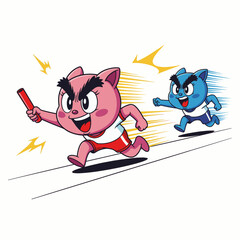 flat vector 2D — Two Gilpy characters in relay race, chibi bodies sprinting with oversized determined faces, one stretching arm with baton.