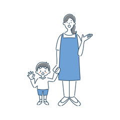 案内している女性保育士と男の子の園児のシンプルな線画イラスト素材