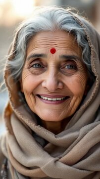 Joyful elderly indian grandmother with a warm smile wearing traditional attire and bindi embodying wisdom and cultural heritage