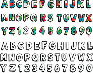 Graffiti Doodle Alphabet and Numbers – Colorful & Outline Street Art Font Vector Set