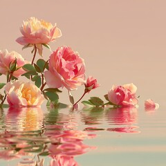 Delicate pink and peach roses reflected on water