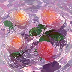 Delicate roses, floating in rippled water, soft pastel colors