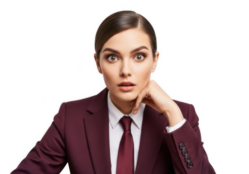 Surprised businesswoman in burgundy suit with hand on chin, shocked expression portrait stock photo, png, isolated on transparent background