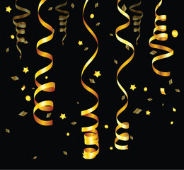 Obraz premium Elegant Golden Streamers and Stars on Black Background for Festive Celebration