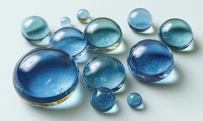 Many blue, glassy spheres