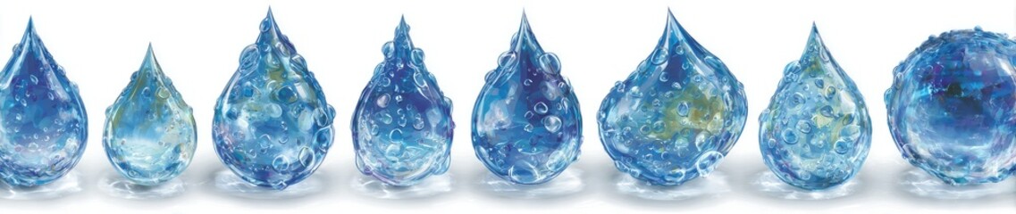 A row of stylized, translucent blue water drops