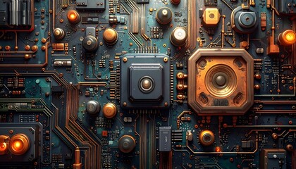 Close-up circuit board, glowing components
